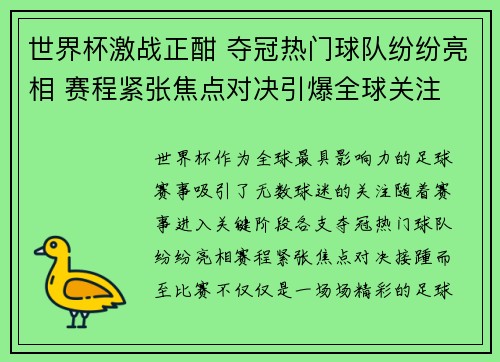 世界杯激战正酣 夺冠热门球队纷纷亮相 赛程紧张焦点对决引爆全球关注